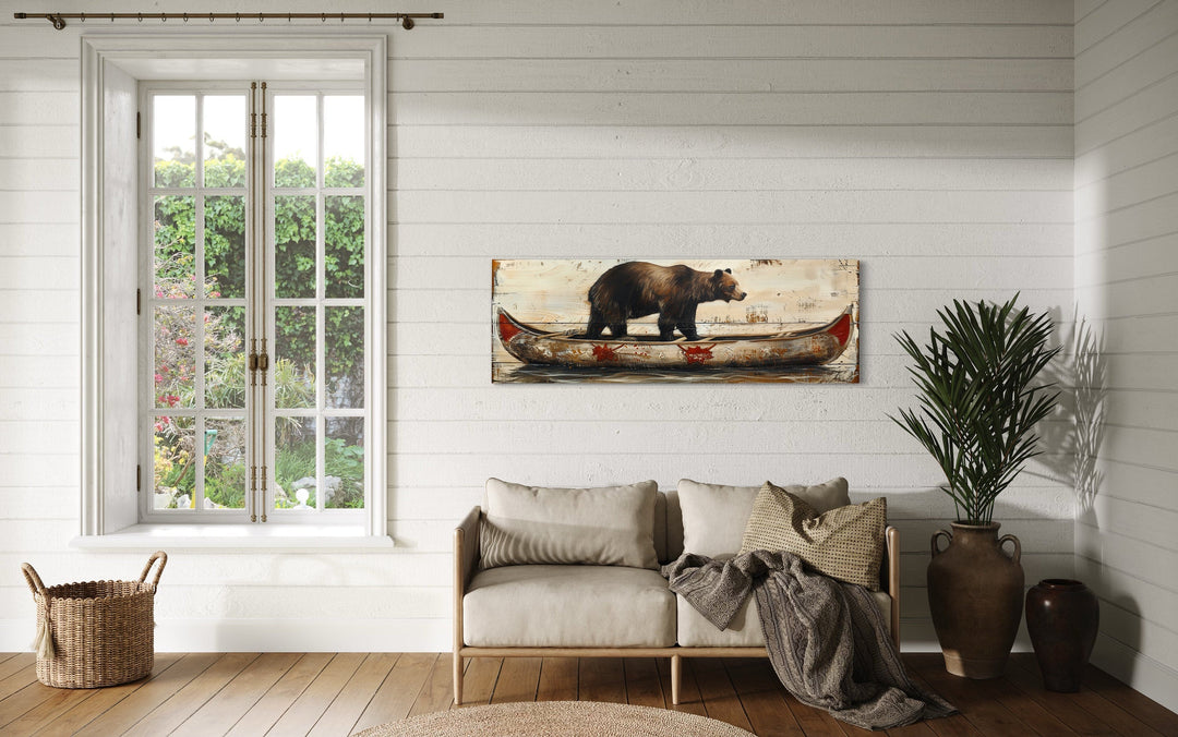 Bear In Canoe Long Horizontal Framed Canvas Wall Art For Cabin Decor