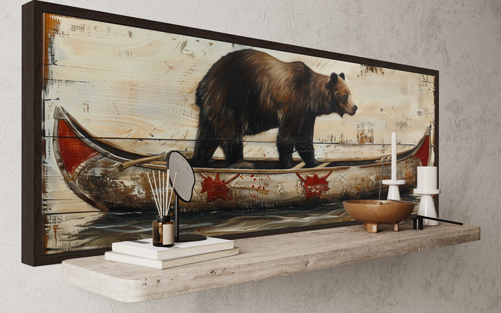 Bear In Canoe Long Horizontal Framed Canvas Wall Art For Cabin Decor