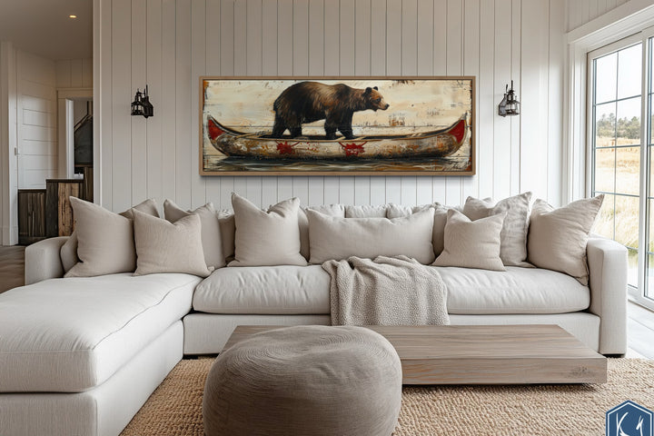 Rustic Cabin Wall Decor - Bear In Canoe Long Horizontal Framed Canvas Wall Art For Cabin Decor