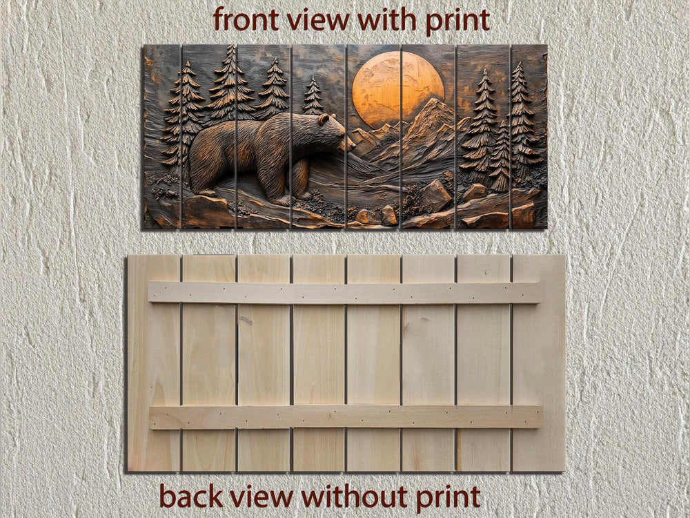 Rustic wood wall art featuring a printed bear and mountain scene with a sunset.