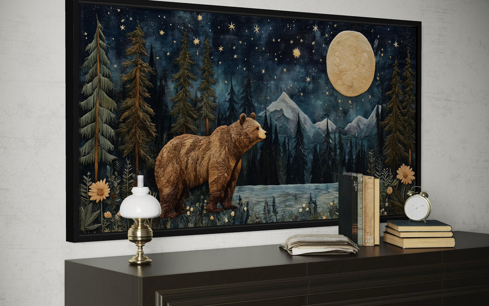 Bear in night forest wall art canvas print with a full moon and mountain landscape.