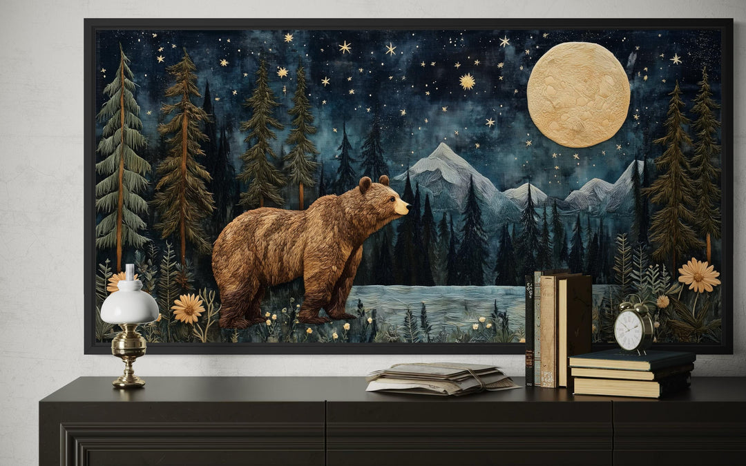 Bear in night forest wall art canvas print with a full moon and mountain landscape.