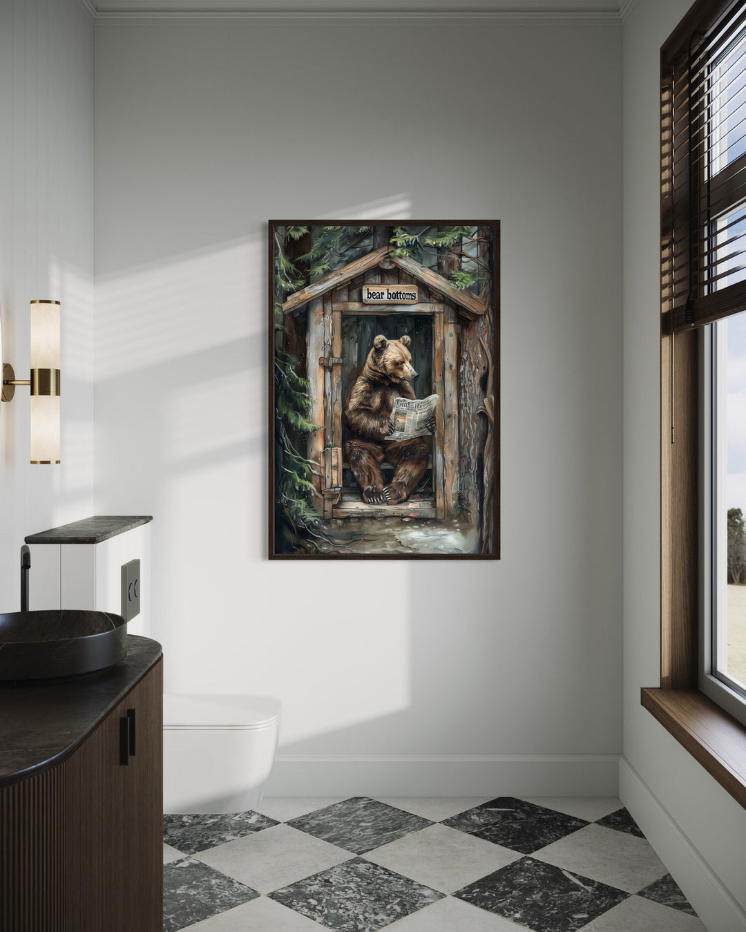 Bear In Outhouse Toilet In The Forest Reading Newspaper Cabin Picture