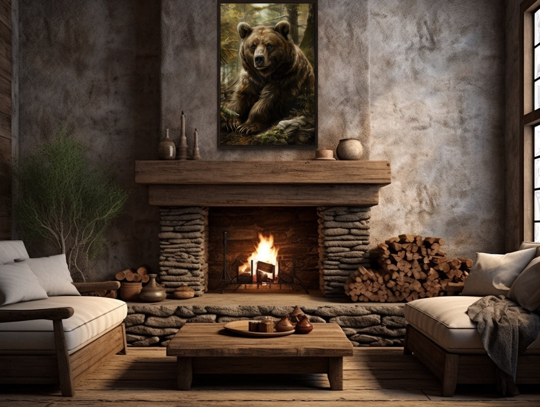 Bear In The Forest Framed Canvas Wall Art