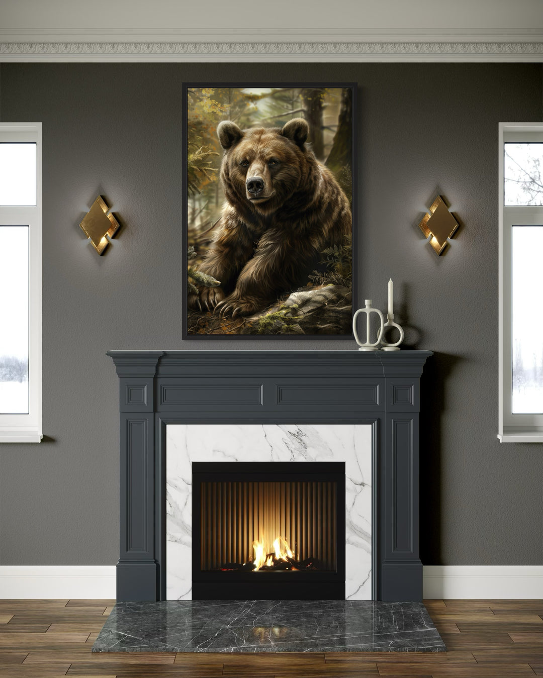 Bear In The Forest Framed Canvas Wall Art