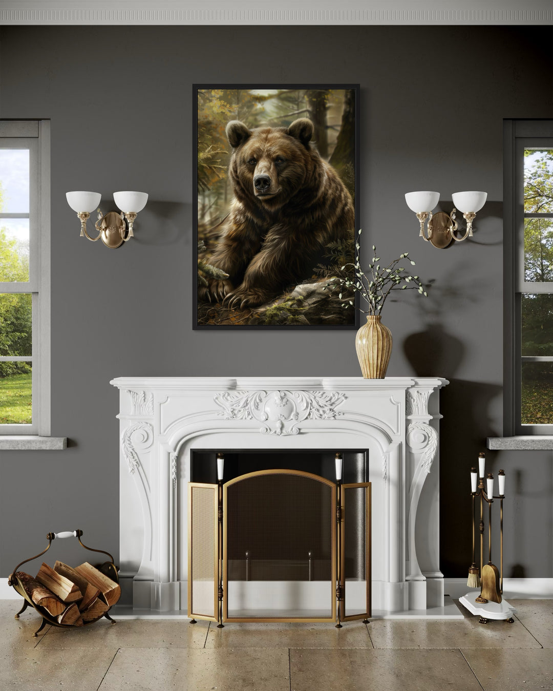 Bear In The Forest Framed Canvas Wall Art