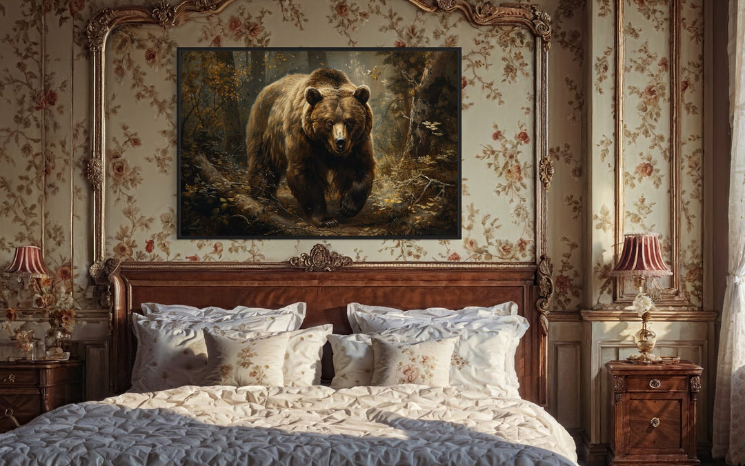 Bear in the forest framed canvas wall art hanging above a bed in a rustic, floral-patterned room.
