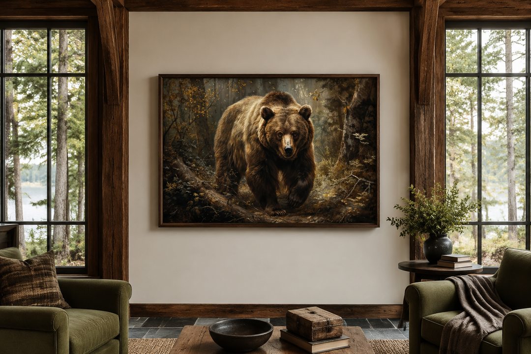 Framed canvas wall art of a brown bear walking through a forest, hanging in a rustic living room.