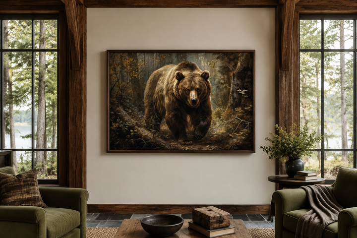 Framed canvas wall art of a brown bear walking through a forest, hanging in a rustic living room.