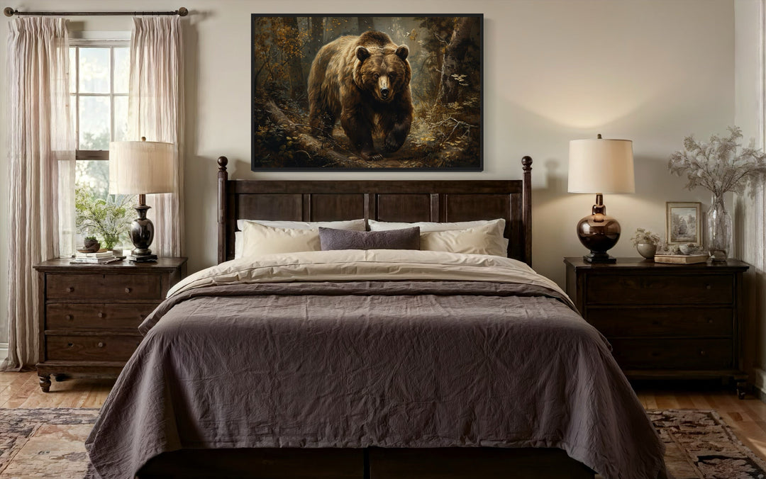 Bear In The Forest Framed Canvas Wall Art hanging above a bed in a rustic cabin-style bedroom.