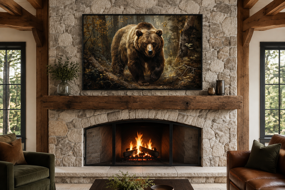 Bear in the forest framed canvas wall art mounted above a stone fireplace in a rustic cabin living room.