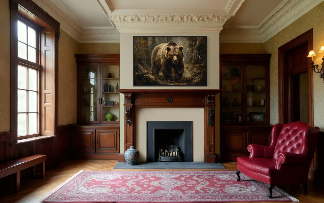 Bear in the forest framed canvas wall art hanging above a fireplace in a rustic living room.