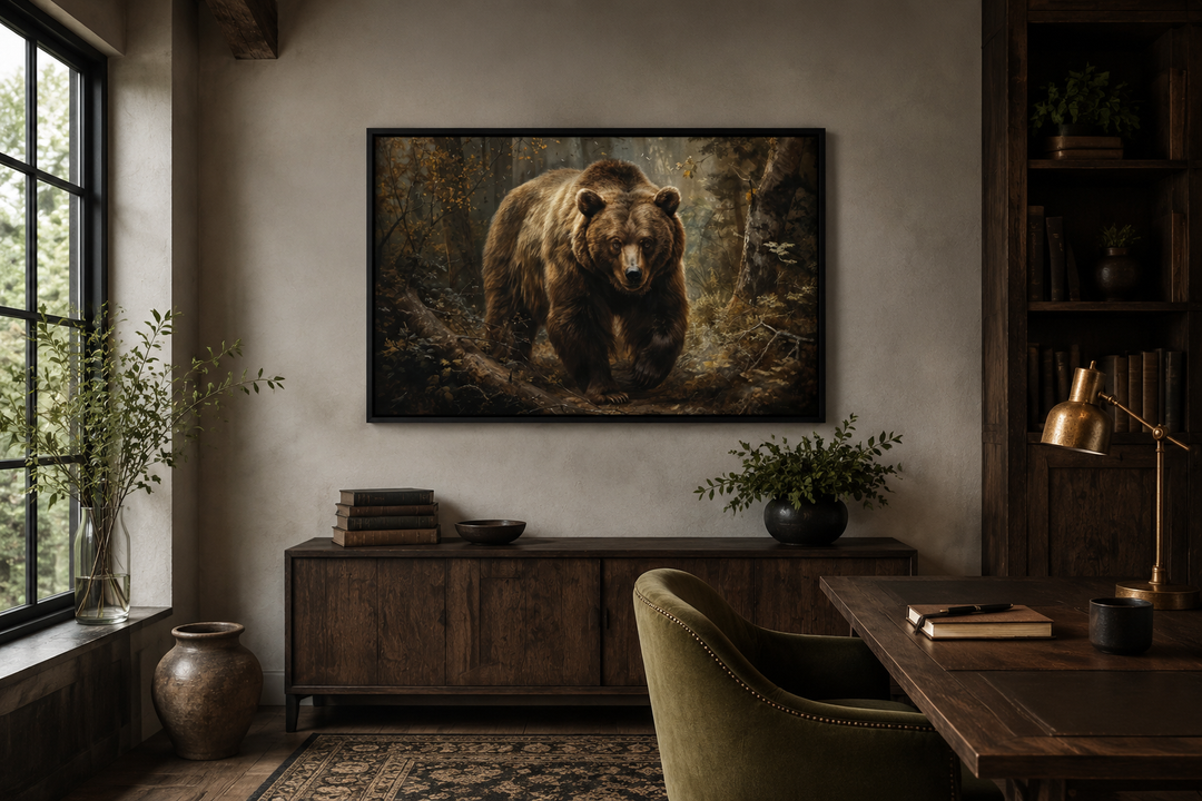 Bear In The Forest Framed Canvas Wall Art hanging above a wooden sideboard in a rustic cabin study.