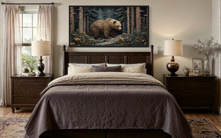 Bear In The Forest Vintage Tapestry Style Framed Canvas Wall Art