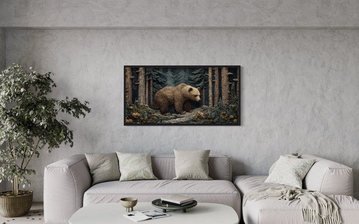 Bear In The Forest Vintage Tapestry Style Framed Canvas Wall Art
