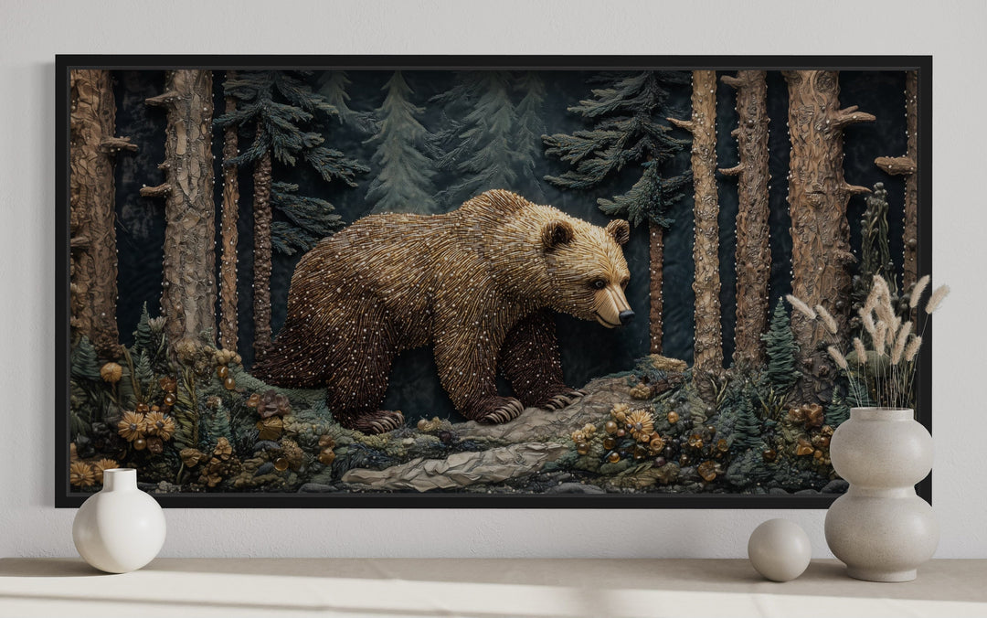 Bear In The Forest Vintage Tapestry Style Framed Canvas Wall Art