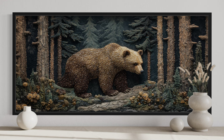 Bear In The Forest Vintage Tapestry Style Framed Canvas Wall Art