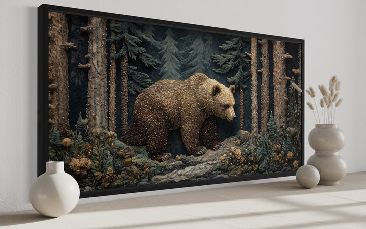 Bear In The Forest Vintage Tapestry Style Framed Canvas Wall Art