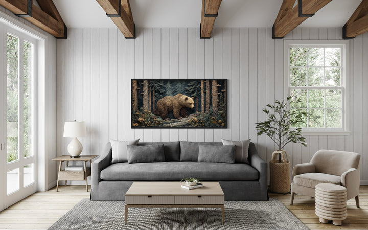 Bear In The Forest Vintage Tapestry Style Framed Canvas Wall Art
