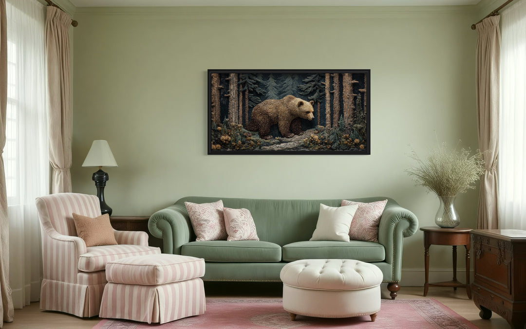 Bear In The Forest Vintage Tapestry Style Framed Canvas Wall Art