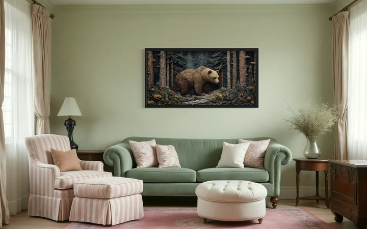 Bear In The Forest Vintage Tapestry Style Framed Canvas Wall Art