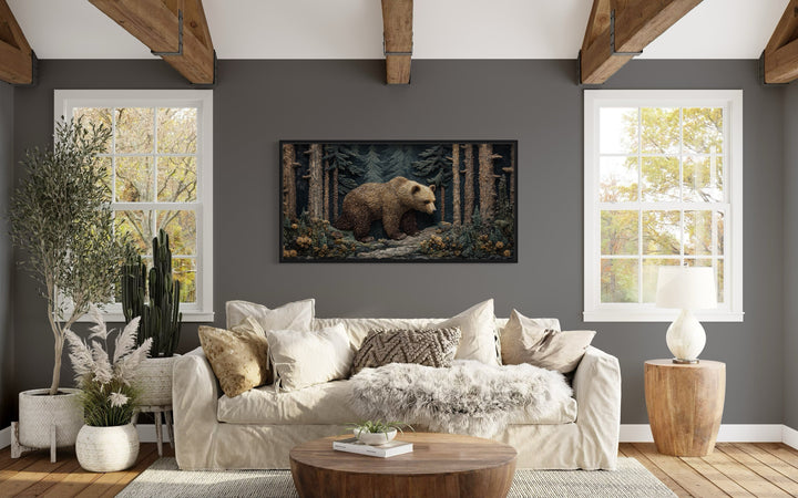 Bear In The Forest Vintage Tapestry Style Framed Canvas Wall Art