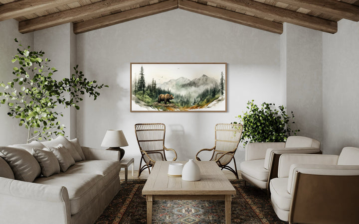 Bear In The Mountain Forest Watercolor Framed Canvas Wall Art