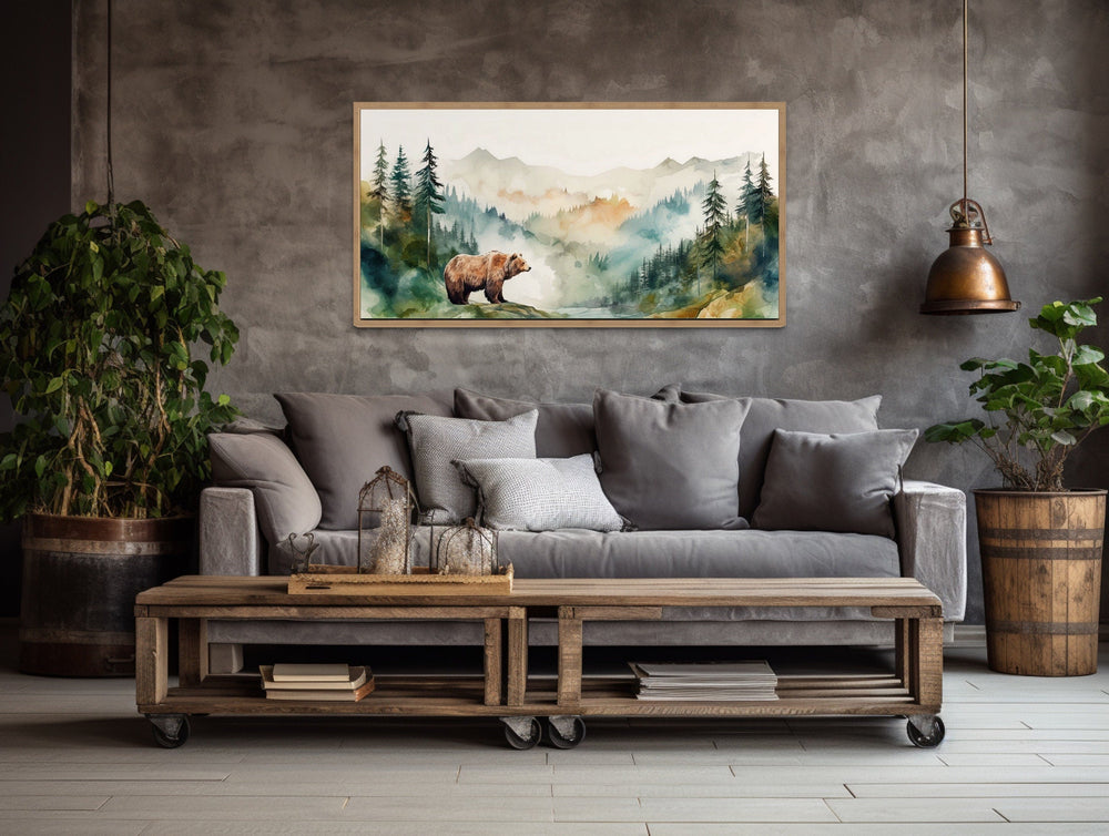 Bear In The Wilderness Forest Watercolor Framed Canvas Wall Art above grey couch