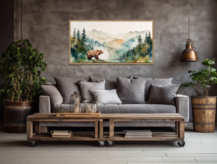 Bear In The Wilderness Forest Watercolor Framed Canvas Wall Art