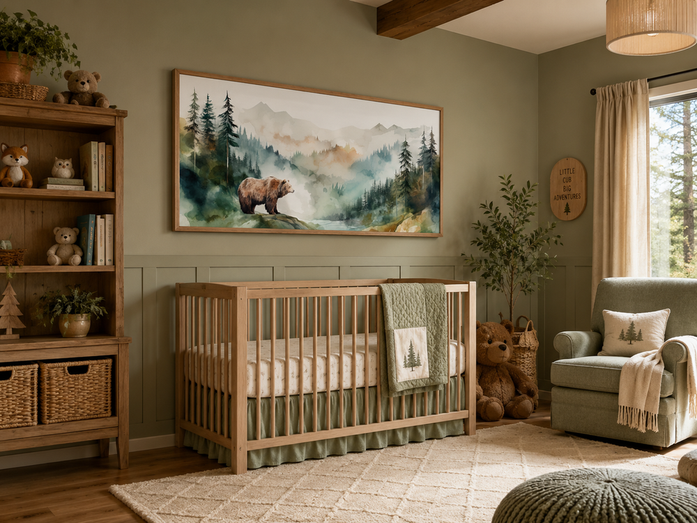 Bear in the wilderness forest watercolor framed canvas wall art hanging in a green nursery.