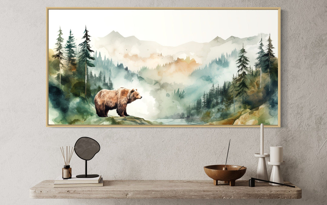 Bear In The Wilderness Forest Watercolor Framed Canvas Wall Art