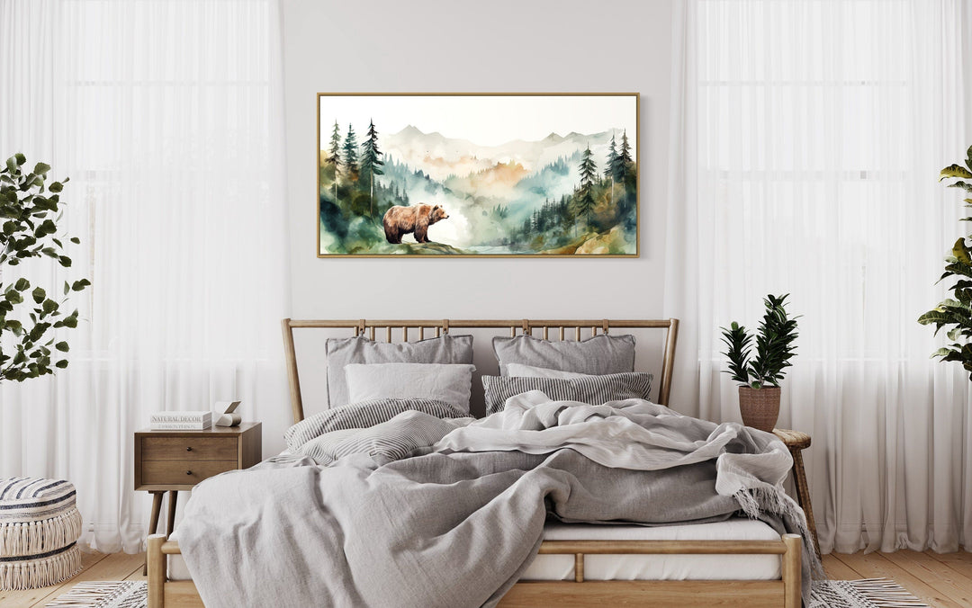 Bear In The Wilderness Forest Watercolor Framed Canvas Wall Art