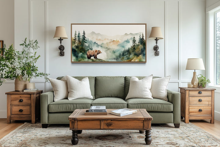 Bear In The Wilderness Forest Watercolor Framed Canvas Wall Art