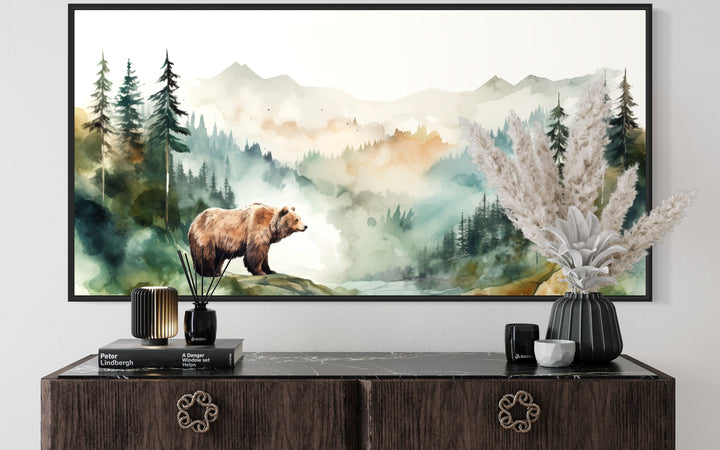 Bear In The Wilderness Forest Watercolor Framed Canvas Wall Art