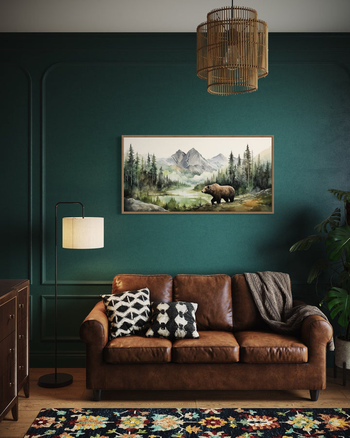 Rustic Cabin Wall Decor - Bear In Wilderness Watercolor Painting Canvas Wall Art