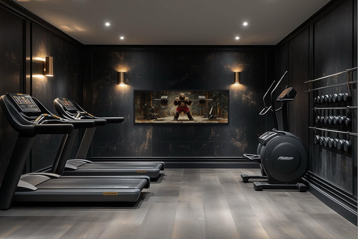 Bear Lifting Weights Wall Art - Long Horizontal Canvas For Cabin Style Gym Decor