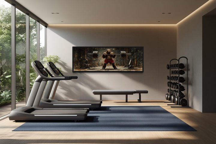 Bear Lifting Weights Wall Art - Long Horizontal Canvas For Cabin Style Gym Decor
