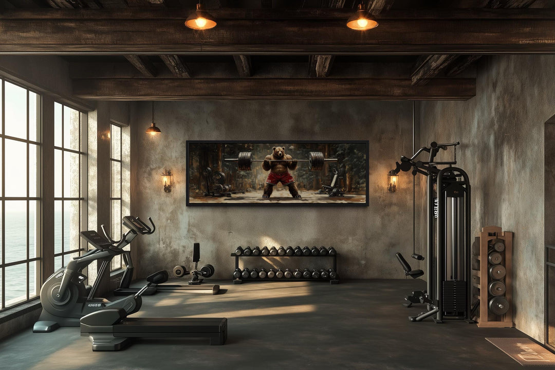 Bear Lifting Weights Wall Art - Long Horizontal Canvas For Cabin Style Gym Decor