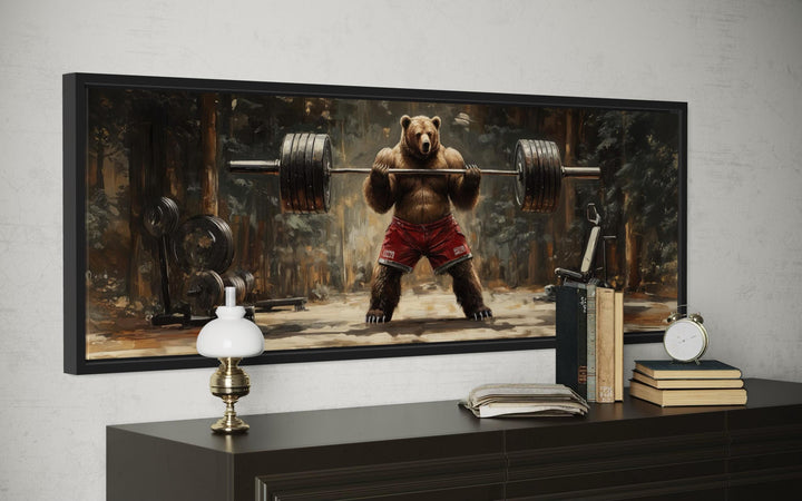 Bear Lifting Weights Wall Art - Long Horizontal Canvas For Cabin Style Gym Decor