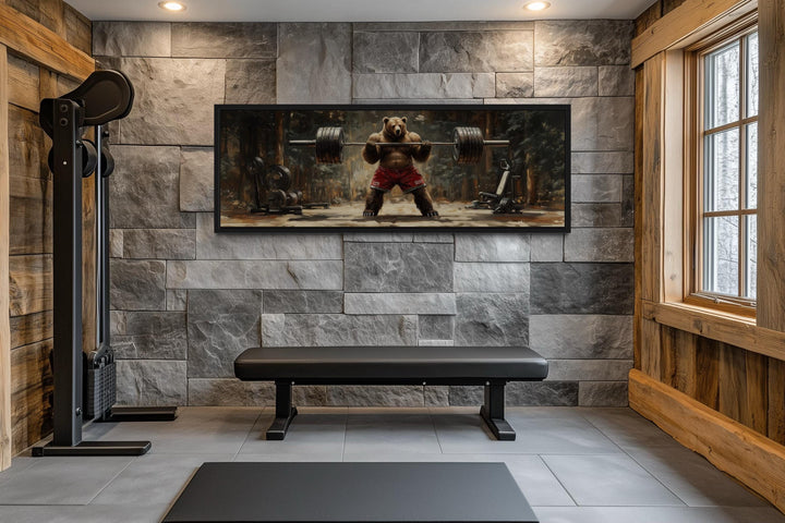 Bear Lifting Weights Wall Art - Long Horizontal Canvas For Cabin Style Gym Decor