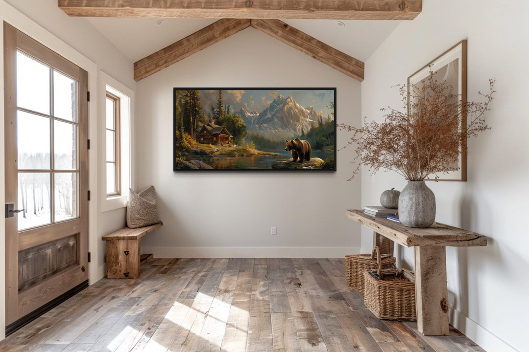 Bear Near Mountain Cabin By The Lake Framed Canvas Wall Art