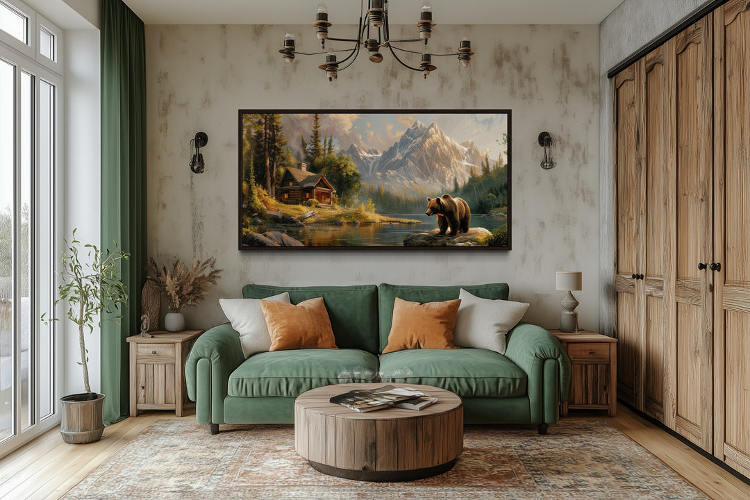 Bear Near Mountain Cabin By The Lake Framed Canvas Wall Art