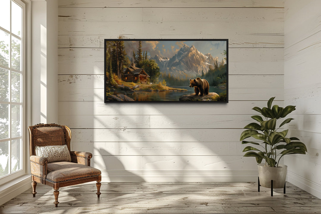 Bear Near Mountain Cabin By The Lake Framed Canvas Wall Art