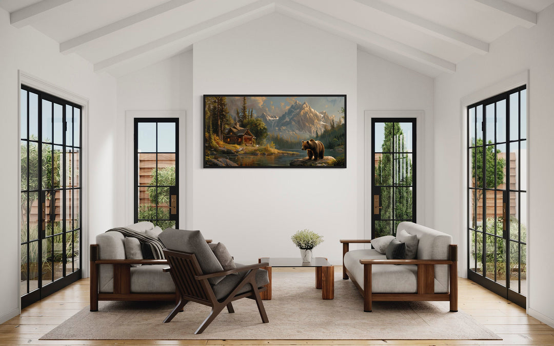 Bear Near Mountain Cabin By The Lake Framed Canvas Wall Art