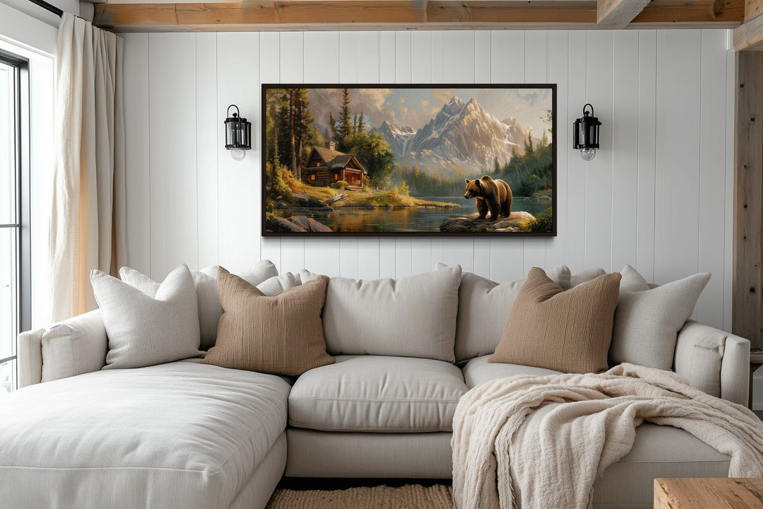 Bear Near Mountain Cabin By The Lake Framed Canvas Wall Art