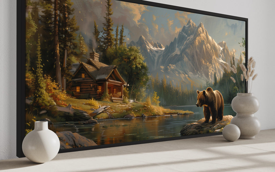 Bear Near Mountain Cabin By The Lake Framed Canvas Wall Art