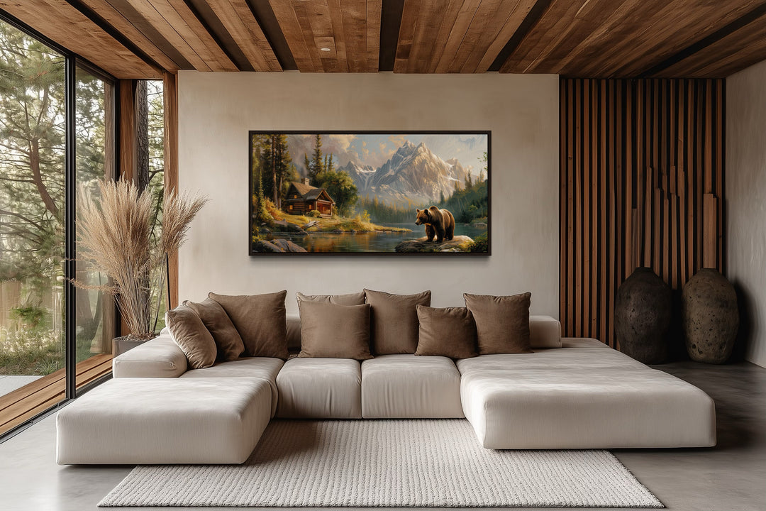 Bear Near Mountain Cabin By The Lake Framed Canvas Wall Art