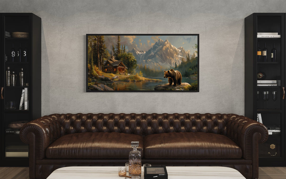 Bear Near Mountain Cabin By The Lake Framed Canvas Wall Art