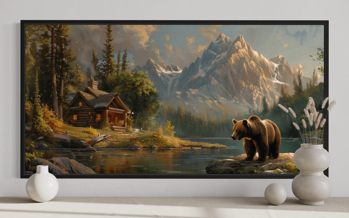 Bear Near Mountain Cabin By The Lake Framed Canvas Wall Art