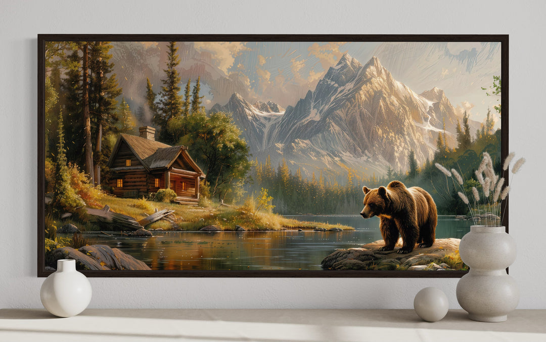 Bear Near Mountain Cabin By The Lake Framed Canvas Wall Art